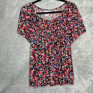 CD Daniels 2X Shirt Top Pink Blue Floral Short Sleeve Scoop Neck Stretch Casual